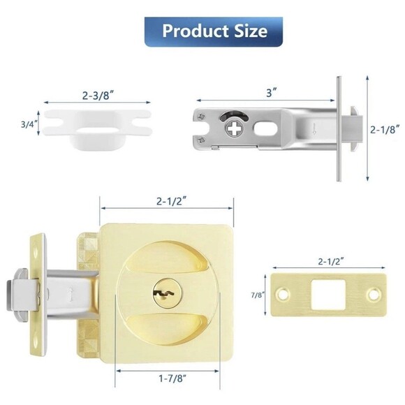 Leydebong Pack of 2 Gold Pocket Door Lock with Keys Square Pocket Door Hardware - Picture 3 of 15